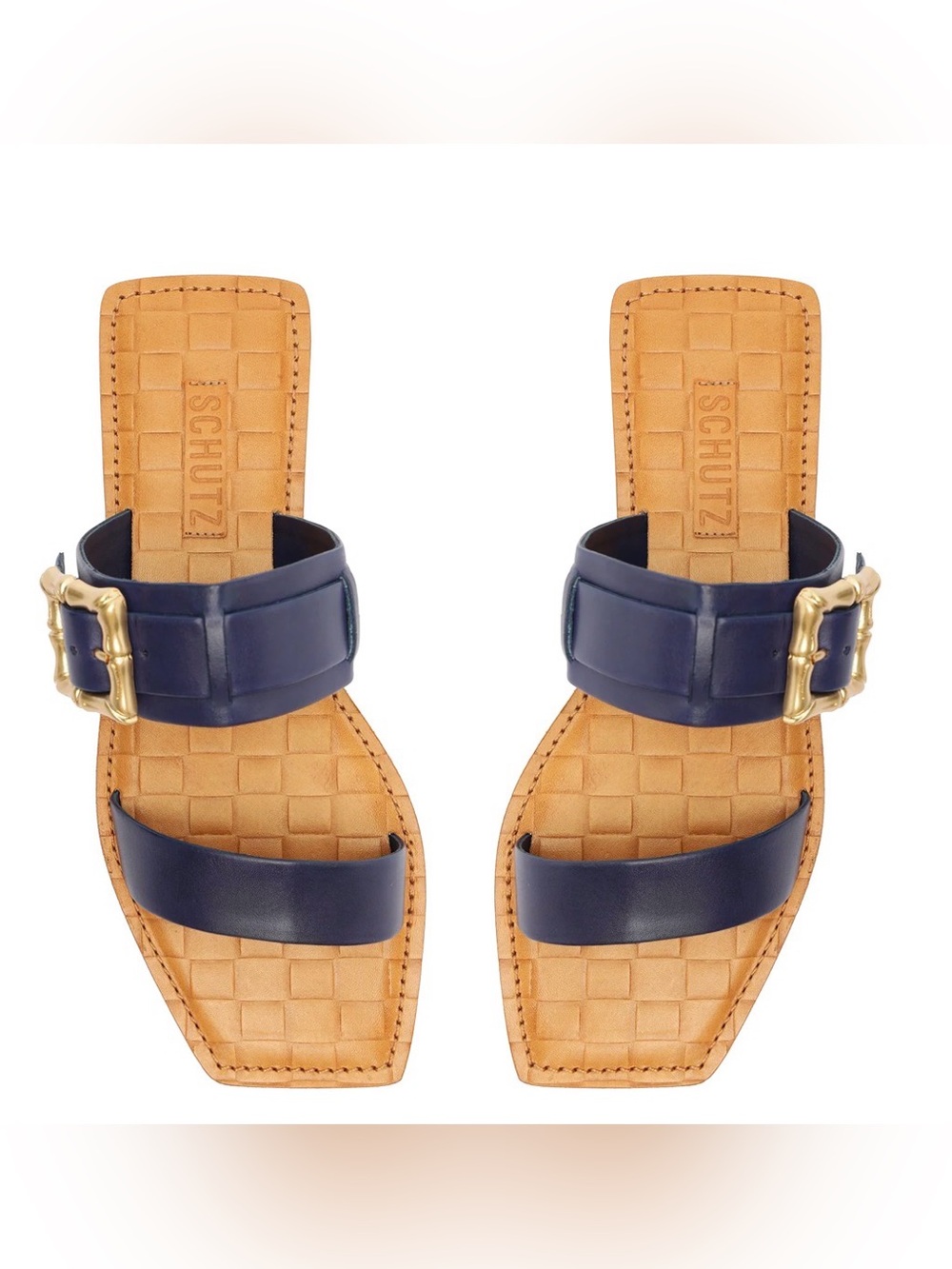SCHUTZ Enola Navy Leather Slide Sandals with Gold Buckle